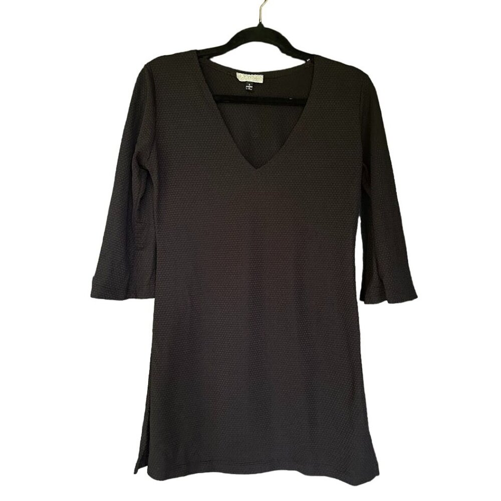J. Valdi Black‎ Swimsuit Coverup Small Textured V-Neck 3/4 Sleeve